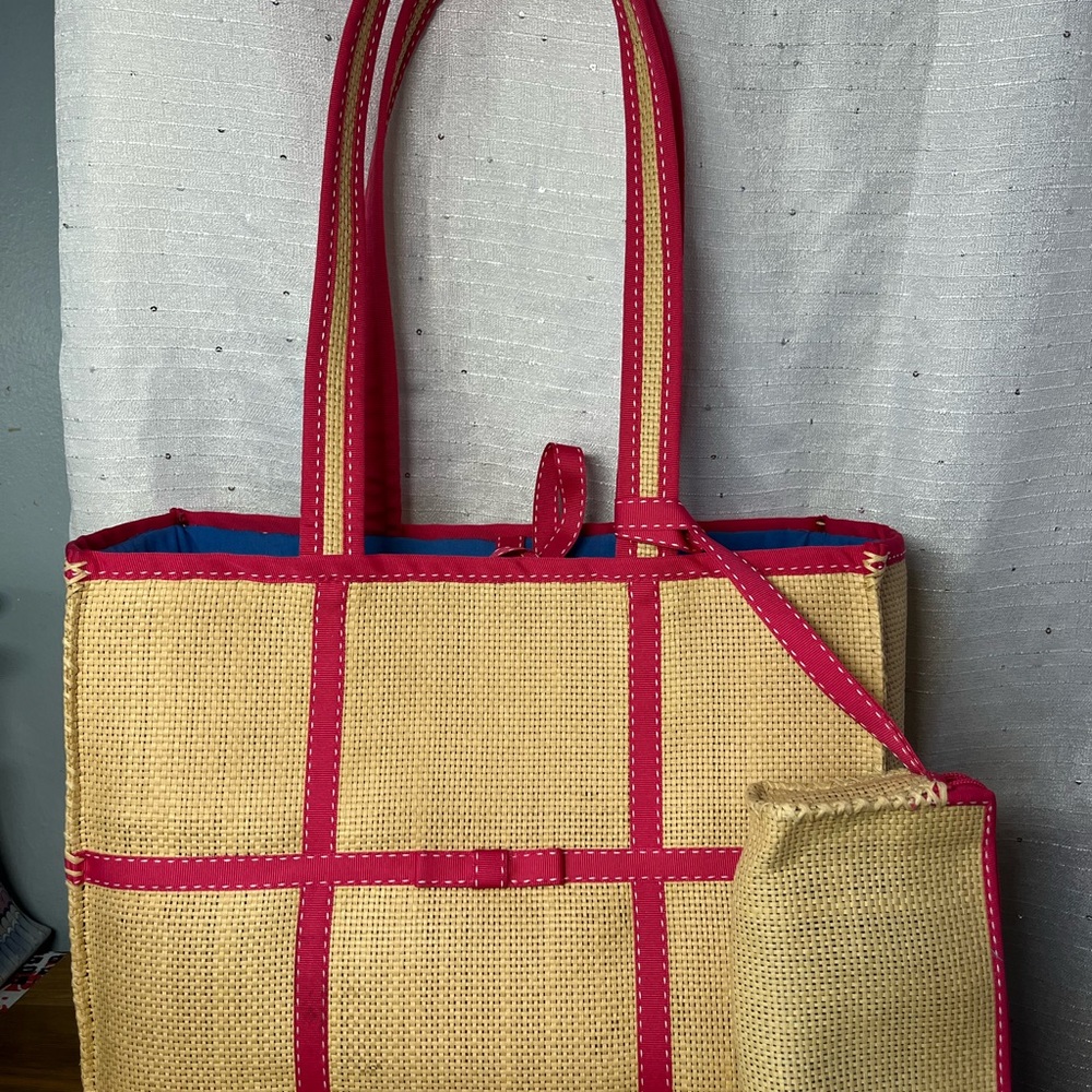 Ralph Lauren Straw Tote Handbag With Pink Trim